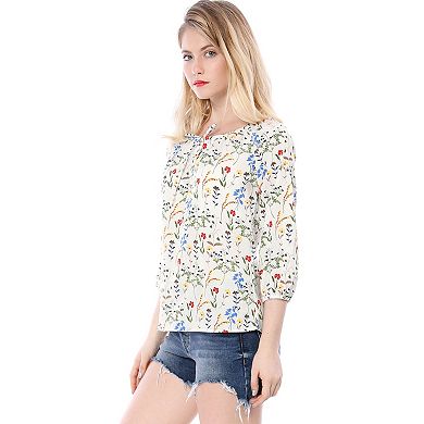 2 Packs Women's Bow Tie Neck 3/4 Raglan Sleeve Floral Blouse Tops