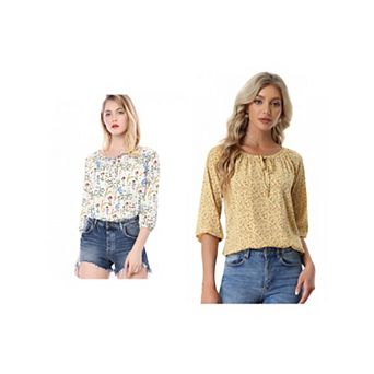 2 Packs Women's Bow Tie Neck 3/4 Raglan Sleeve Floral Blouse Tops
