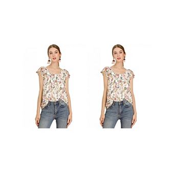 2 Packs Women's Chiffon Ruffle Sleeve Vintage Layered Floral Print Blouse Tops
