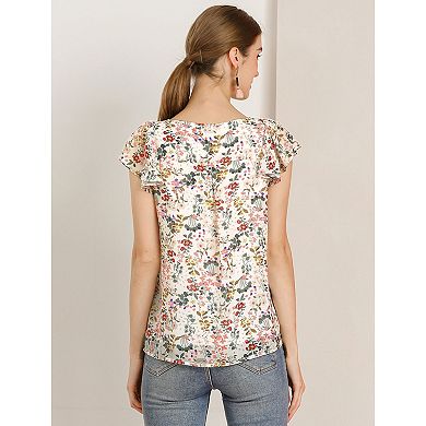 2 Packs Women's Chiffon Ruffle Sleeve Vintage Layered Floral Print Blouse Tops