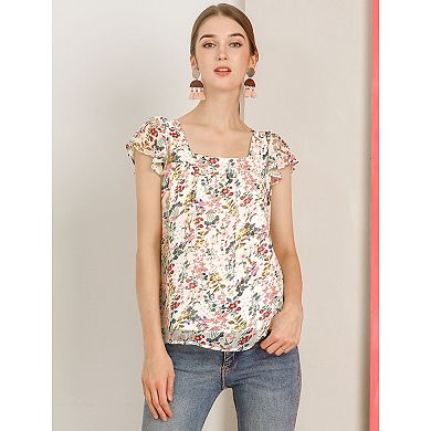 2 Packs Women's Chiffon Ruffle Sleeve Vintage Layered Floral Print Blouse Tops