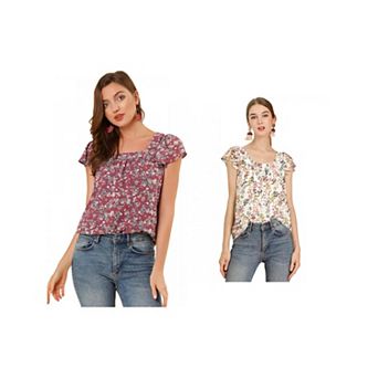 2 Packs Women's Chiffon Ruffle Sleeve Vintage Layered Floral Print Blouse Tops