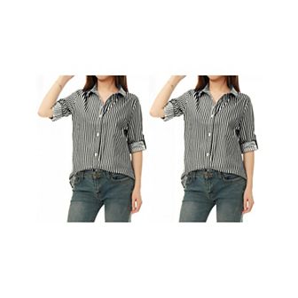 2 Packs Women's Button Down Roll-up Long Sleeves Lapel Collar Shirts