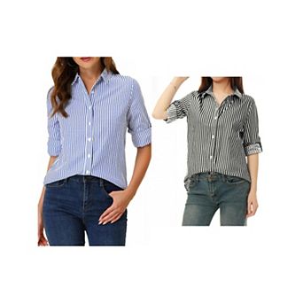 2 Packs Women's Button Down Roll-up Long Sleeves Lapel Collar Shirts