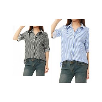 2 Packs Women's Button Down Roll-up Long Sleeves Lapel Collar Shirts