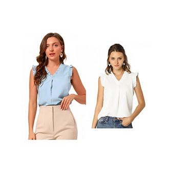 2 Packs Women's Ruffled Sleeveless Blouses Vintage Work Business Tops