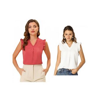 2 Packs Women's Ruffled Sleeveless Blouses Vintage Work Business Tops