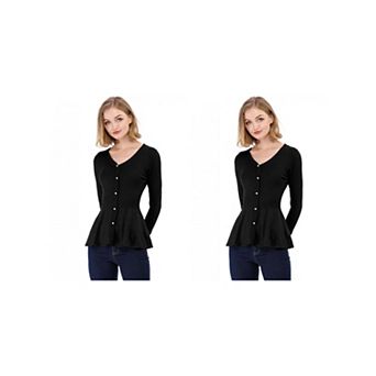 2 Packs Women's V Neck Long Sleeve Ribbed Pullover Knitted Peplum Tops