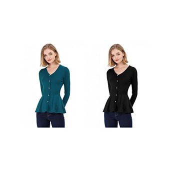 2 Packs Women's V Neck Long Sleeve Ribbed Pullover Knitted Peplum Tops