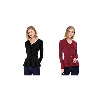 2 Packs Women's V Neck Long Sleeve Ribbed Pullover Knitted Peplum Tops