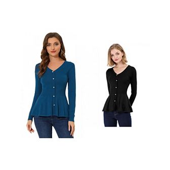 2 Packs Women's V Neck Long Sleeve Ribbed Pullover Knitted Peplum Tops