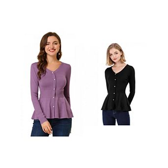 2 Packs Women's V Neck Long Sleeve Ribbed Pullover Knitted Peplum Tops