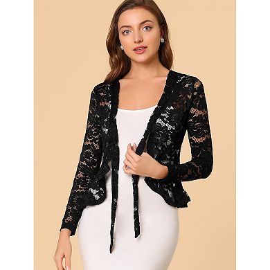 2 Packs Women's Tie Front Crop Cardigan Ruffled Hem Floral Lace Sheer Shrugs