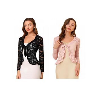 2 Packs Women's Tie Front Crop Cardigan Ruffled Hem Floral Lace Sheer Shrugs