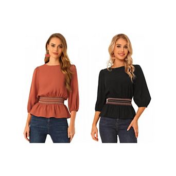 2 Packs Peplum Top For Women's Half Sleeve Smocked Waist Blouses