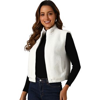 Women's Casual Winter Zip Up Fuzzy Fleece Sleeveless Jacket Vest With Pocket
