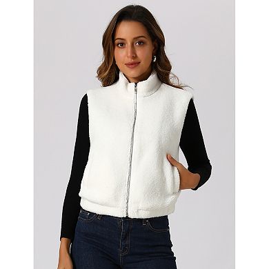 Women's Casual Winter Zip Up Fuzzy Fleece Sleeveless Jacket Vest With Pocket