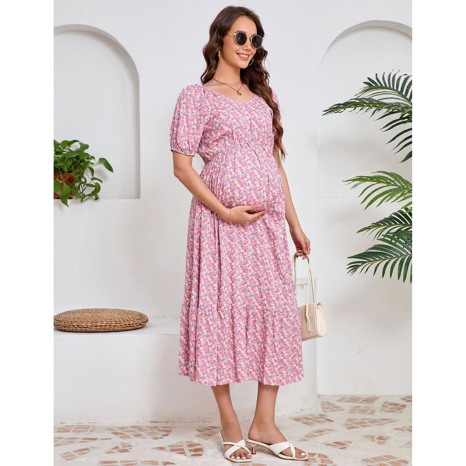 pink floral maternity dress Nova Chiffon Print Machine wash Momyknows Floral Smocked Lace-Up Off