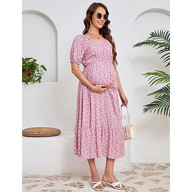 Women's Floral Maternity Dress V Neck Short Sleeve Swing Maxi Dresses Casual for Baby Shower