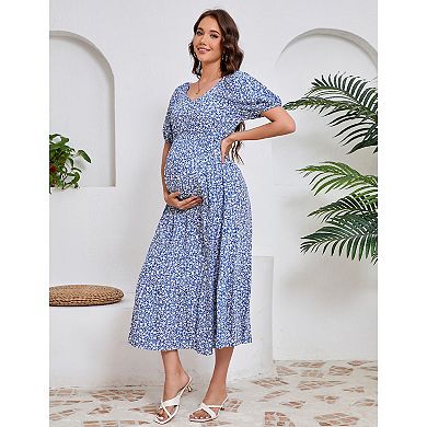 Women's Floral Maternity Dress V Neck Short Sleeve Swing Maxi Dresses Casual for Baby Shower