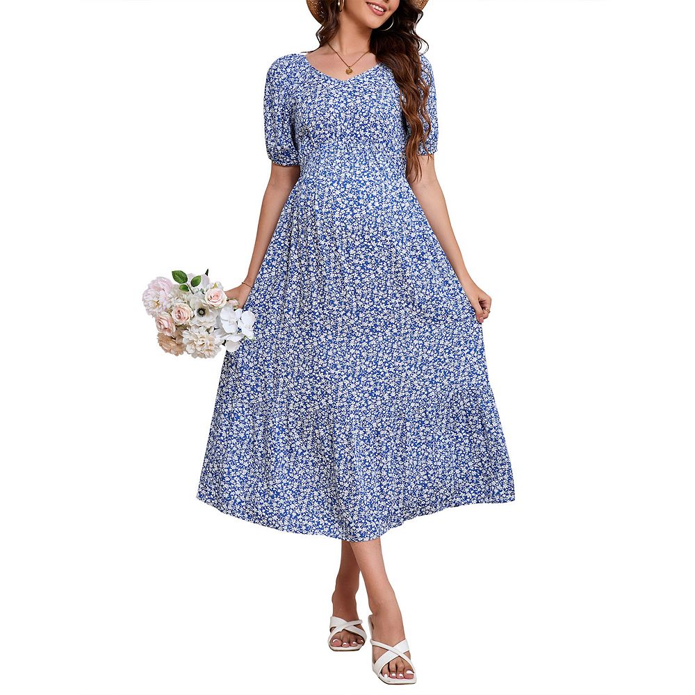 Women's Floral Maternity Dress V Neck Short Sleeve Swing Maxi Dresses  Casual for Baby Shower