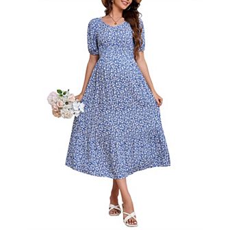 Women's Floral Maternity Dress V Neck Short Sleeve Swing Maxi Dresses Casual for Baby Shower