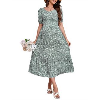 Women's Floral Maternity Dress V Neck Short Sleeve Swing Maxi Dresses Casual for Baby Shower