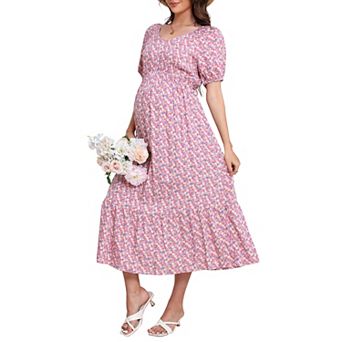 Women's Floral Maternity Dress V Neck Short Sleeve Swing Maxi Dresses Casual for Baby Shower