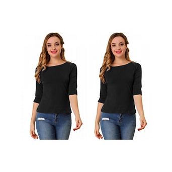 2 Packs Women's Elbow Sleeves Boat Neck Slim Fit Classic Tees
