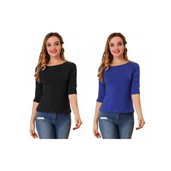 2 Packs Women's Elbow Sleeves Boat Neck Slim Fit Classic Tees