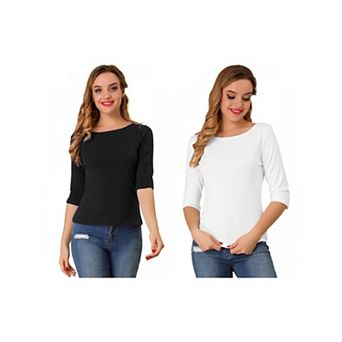 2 Packs Women's Elbow Sleeves Boat Neck Slim Fit Classic Tees