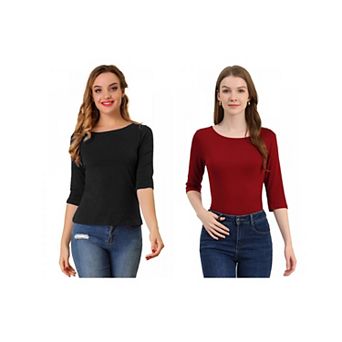 2 Packs Women's Elbow Sleeves Boat Neck Slim Fit Classic Tees