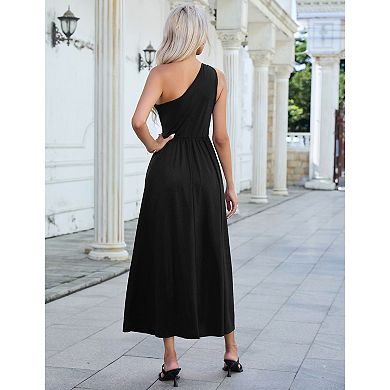 Women's One Shoulder Long Formal Dresses Sleeveless Cutout Split Cocktail Wedding Guest Dress