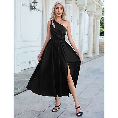 Women's One Shoulder Long Formal Dresses Sleeveless Cutout Split Cocktail Wedding Guest Dress