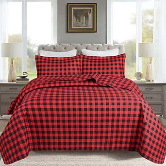 Marcielo 3 pc Red Buffalo Plaid Check Quilt Bedspread Set