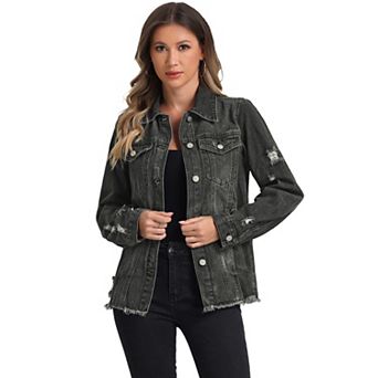 Denim Jacket For Women Frayed Washed Button Down Jean Jacket With Pockets