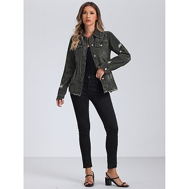 Denim Jacket For Women Frayed Washed Button Down Jean Jacket With Pockets