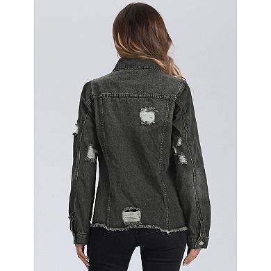 Denim Jacket For Women Frayed Washed Button Down Jean Jacket With Pockets