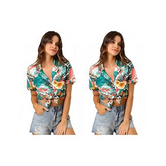 2 Packs Women's Hawaiian Beach Floral Leaves Button Down Shirts