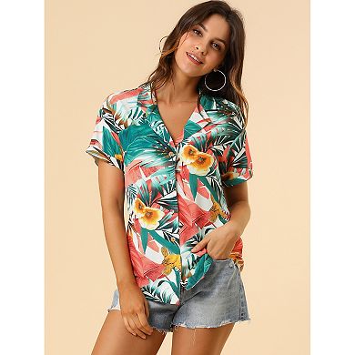 2 Packs Women's Hawaiian Beach Floral Leaves Button Down Shirts
