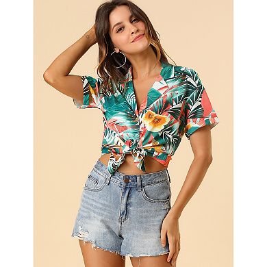 2 Packs Women's Hawaiian Beach Floral Leaves Button Down Shirts