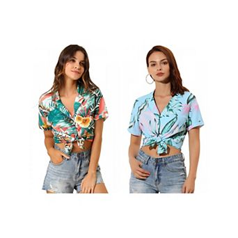 2 Packs Women's Hawaiian Beach Floral Leaves Button Down Shirts