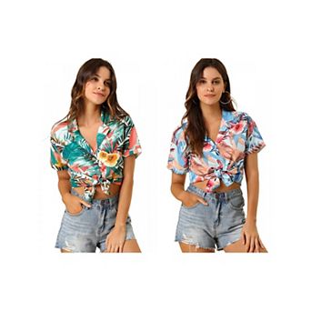 2 Packs Women's Hawaiian Beach Floral Leaves Button Down Shirts