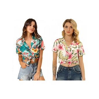 2 Packs Women's Hawaiian Beach Floral Leaves Button Down Shirts