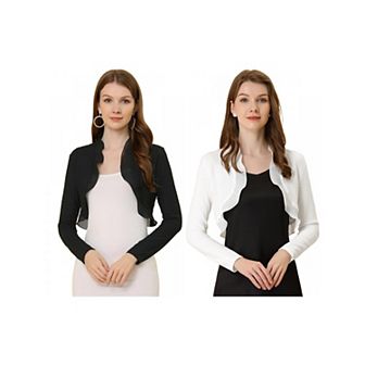 2 Packs Women's Elegant Crop Shrugs Long Sleeve Textured Open Front Ruffle Bolero Shrugs