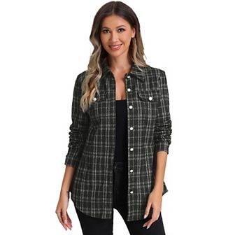 Women's Lightweight Button Down Plaid Tweed Shackets Coat Long Sleeve Casual Shirt