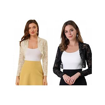 2 Packs Women's Lace Bolero Shrugs Sheer Long Sleeve Open Front Crop Cardigans