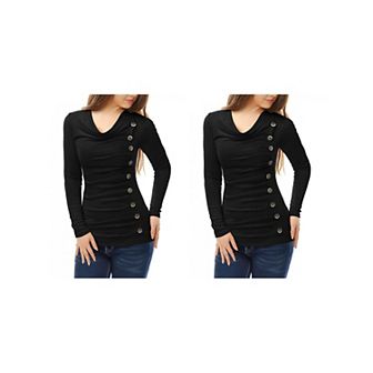 2 Packs Women's Cowl Neck Buttons Decor Long Sleeves Ruched Blouses