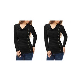 2 Packs Women's Cowl Neck Buttons Decor Long Sleeves Ruched Blouses