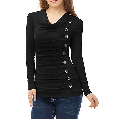 2 Packs Women's Cowl Neck Buttons Decor Long Sleeves Ruched Blouses